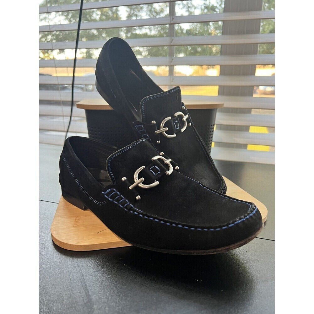 Donald Pliner Black Suede With Blue Stitching Classic Italian Loafers 8.5M